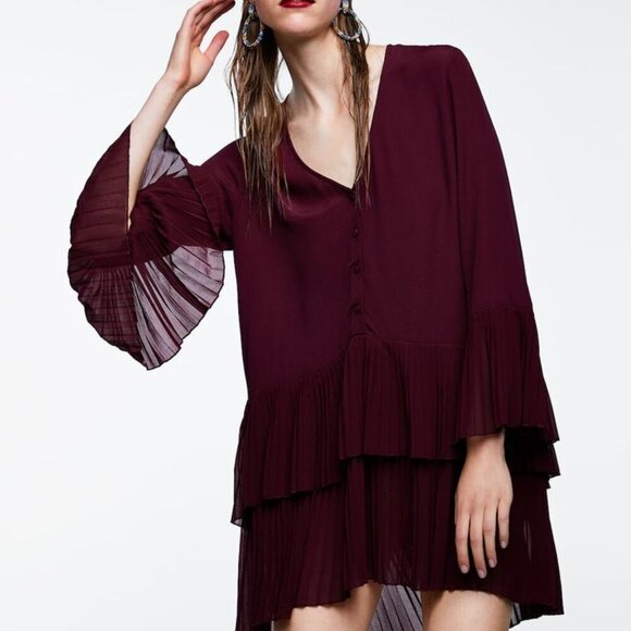 Zara Woman Contrasting Pleated Tunic Dress Burgundy Size S Bell Sleeves V Neck - Picture 11 of 11
